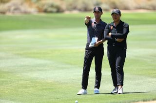 University of Southern California women's golf head coach, Justin Silverstein next to Catherine Park