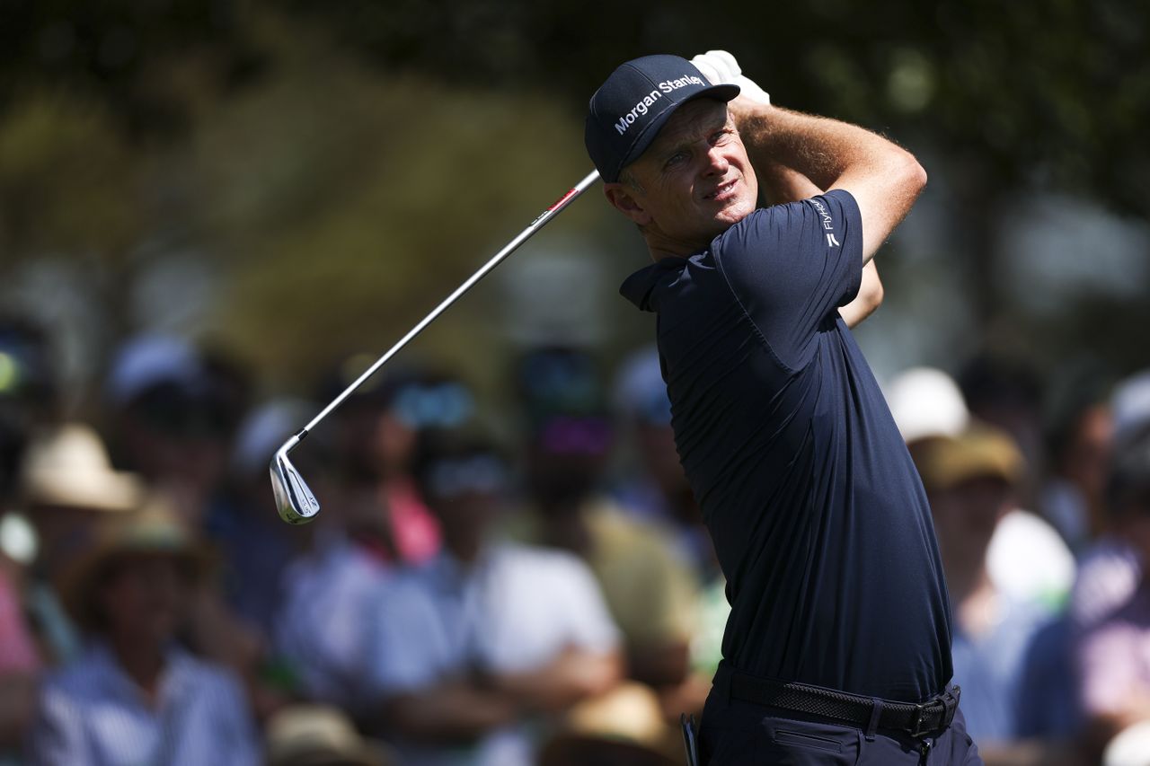 Justin Rose plays his shot from the fourth tee during the final round of the 2026 Masters Tournament at Augusta National Golf Club
