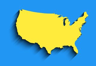 rendering of yellow US map on blue background