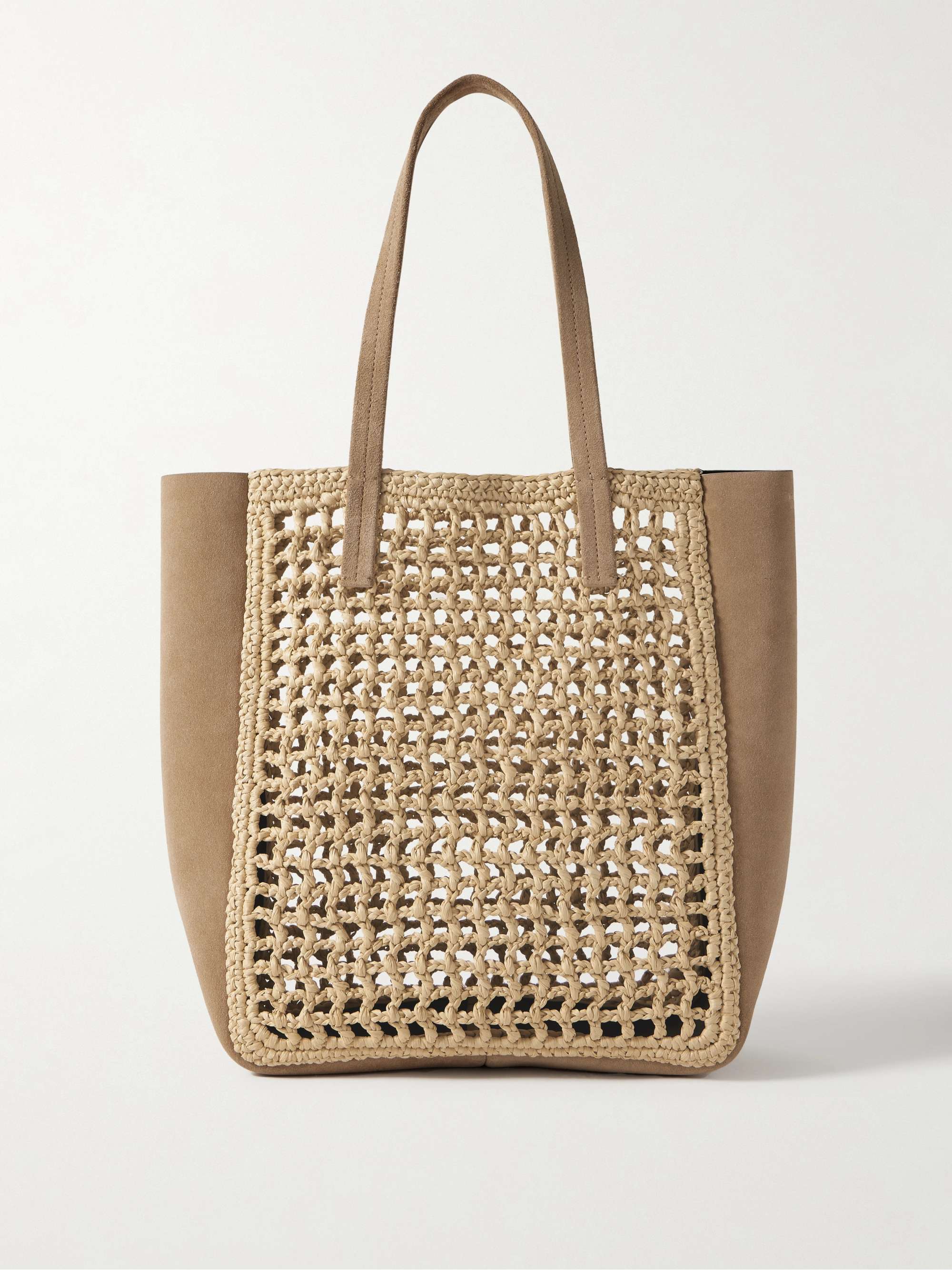 Zoe Small Suede and Crocheted Raffia Tote