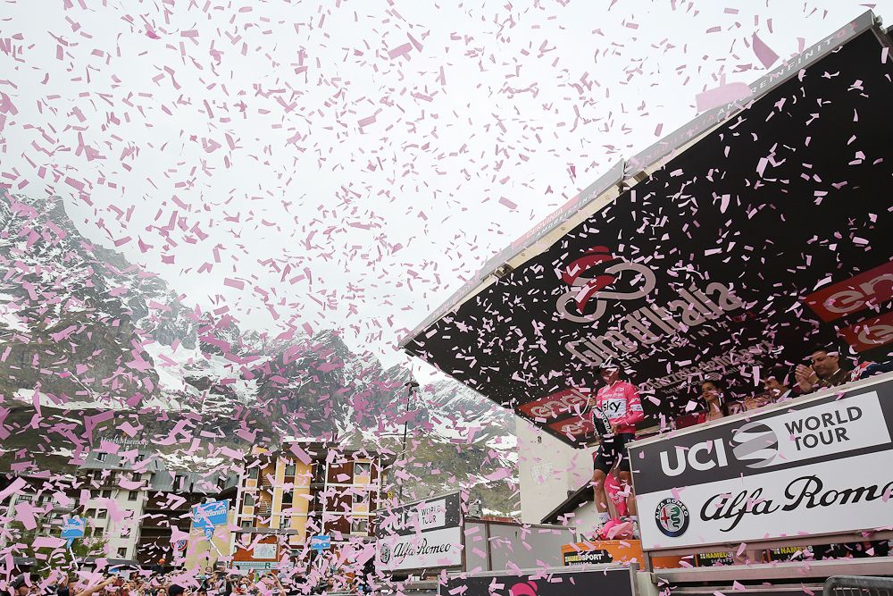 Chris Froome on the podium after stage 20 at the Giro d'Italia