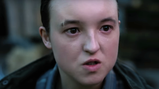 Bella Ramsey as Ellie looking angry and scared in The Last of Us Season 2.