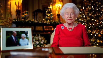 Queen Elizabeth II records her annual Christmas broadcast in the White Drawing Room at Windsor Castle on December 23, 2021 in Windsor, England.