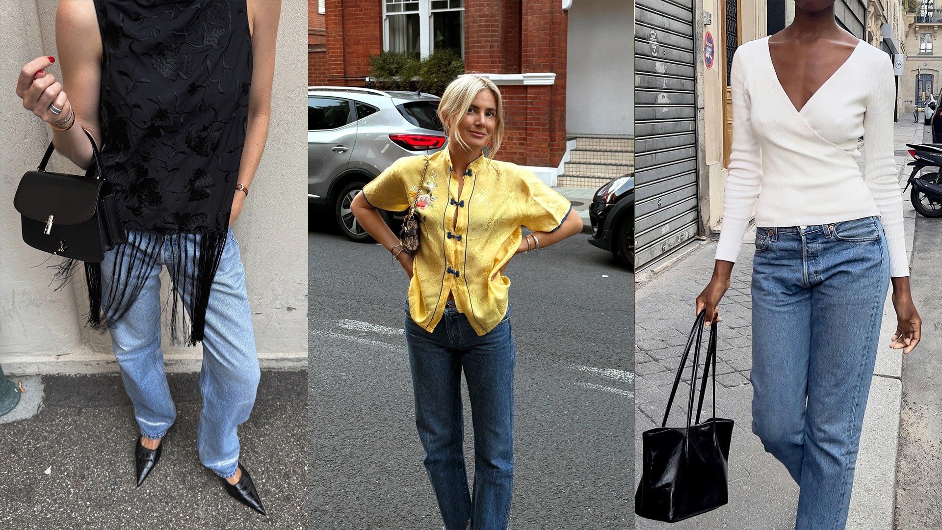 collage of influencers wearing pretty tops with jeans