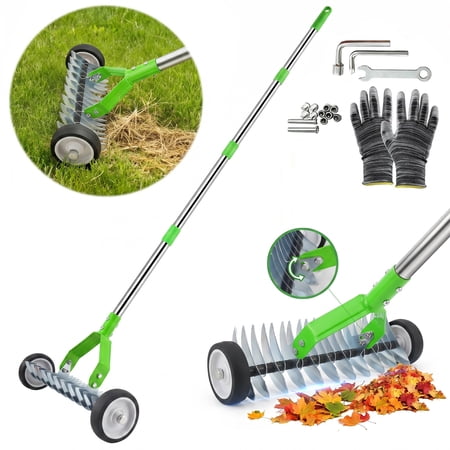 Thatch Rake With Wheels,37-65.35'' Adjustable Dethatching Roller Rake,adjustable 0-12&amp;deg; Angle Stainless Steel Blades Heavy Duty Dethatcher,21 Tines Garden Rake for Moss,grass,leaves,debris(green)
