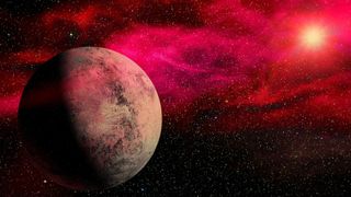 A rocky planet orbits a small, red star known as a red dwarf -- the most common type of star in the galaxy.