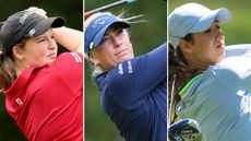 Side-by-side images of Lottie Woad, Louise Rydqvist and Julia Lopez Ramirez taking tee shots