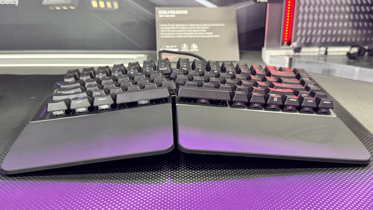 Asus ROG Falcata gaming keyboard showing a configuration angled at the middle.