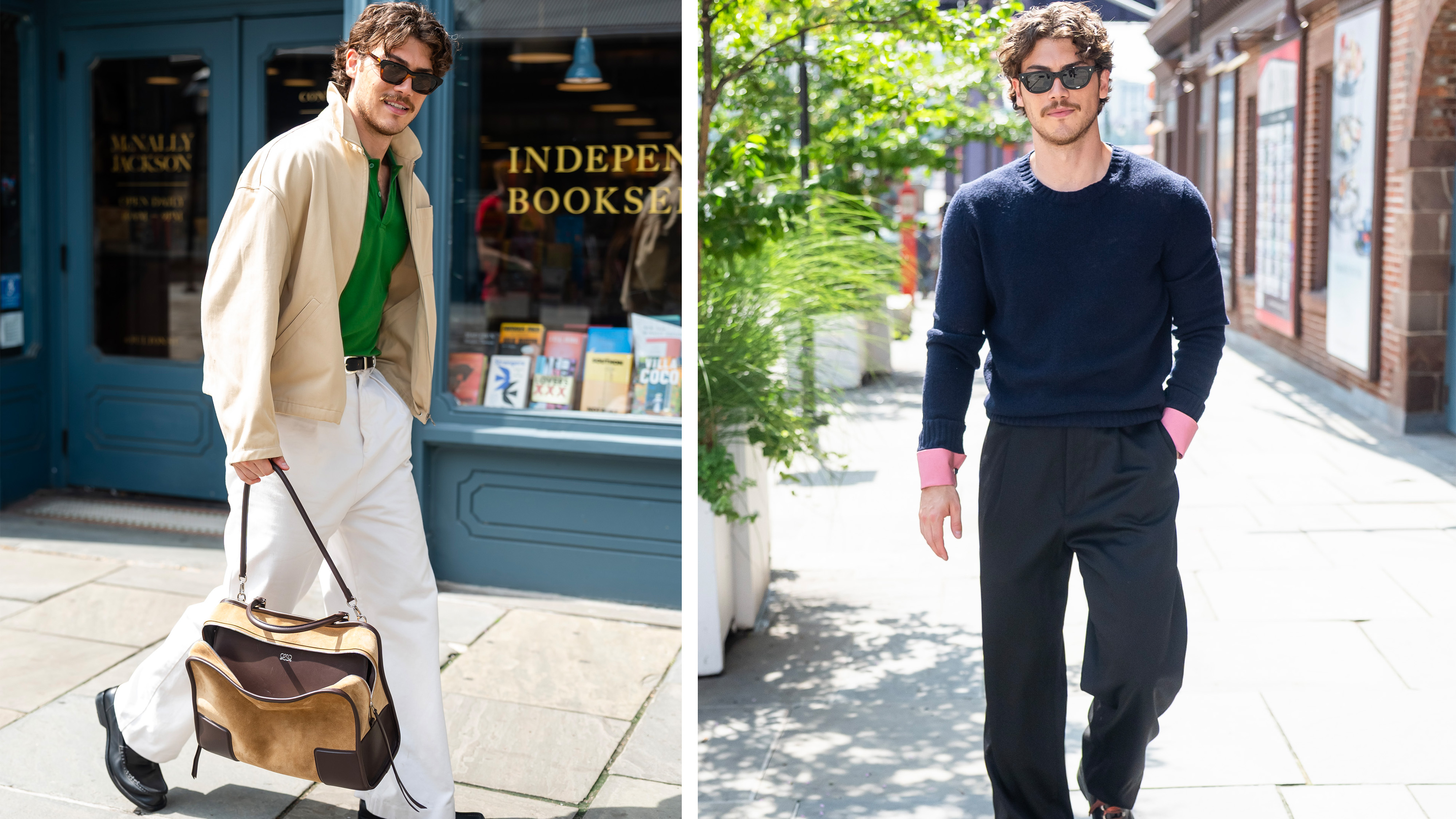 Jack Innanen is seen in two images in NYC wearing trousers and a sweater.