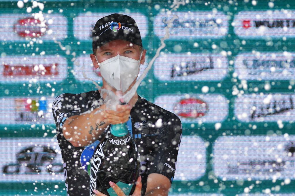 CARUGATE ITALY JULY 06 Lorena Wiebes of Netherlands and Team DSM stage winner celebrates at podium during the 32nd Giro dItalia Internazionale Femminile 2021 Stage 5 a 1201km stage from Milano to Carugate Champagne GiroDonne UCIWWT on July 06 2021 in Carugate Italy Photo by Luc ClaessenGetty Images