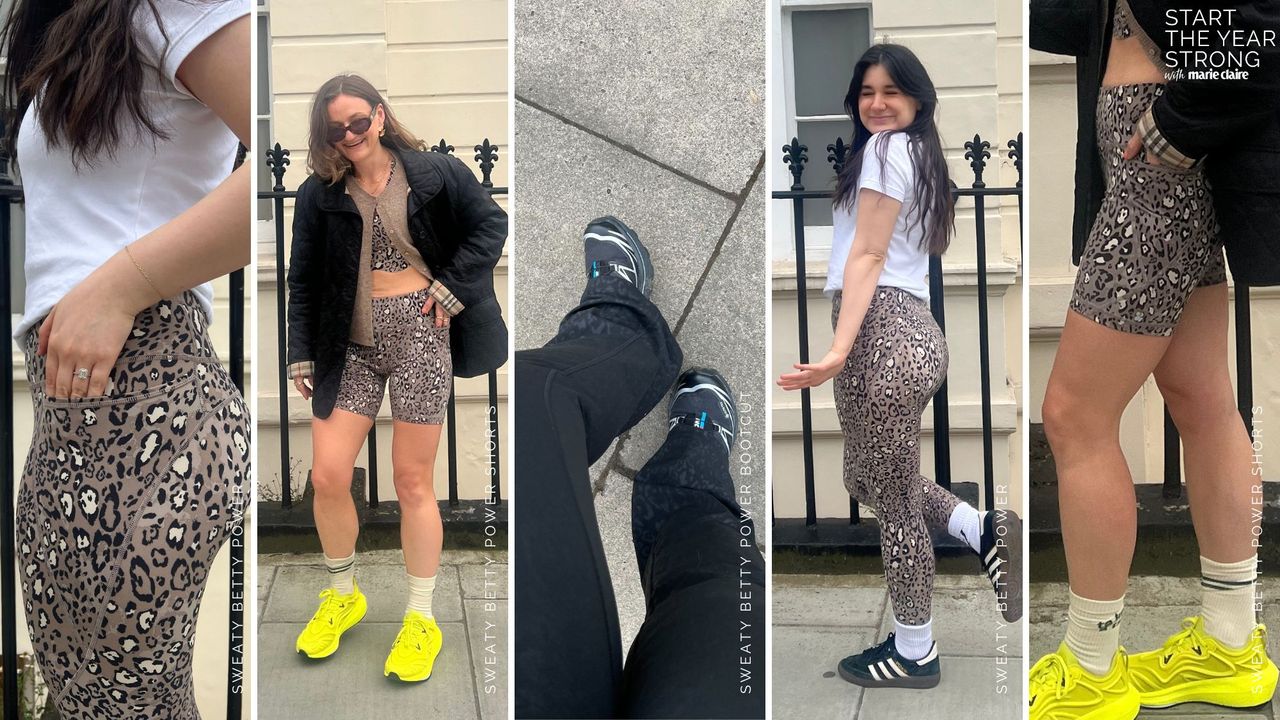 composite of Sofia, Amelia and Ally wearing leopard print activewear from Sweaty Betty