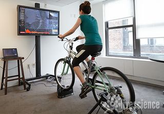 The sensors on the bike communicate wirelessly with the VirtualTraining software, which shows your progress on the road.