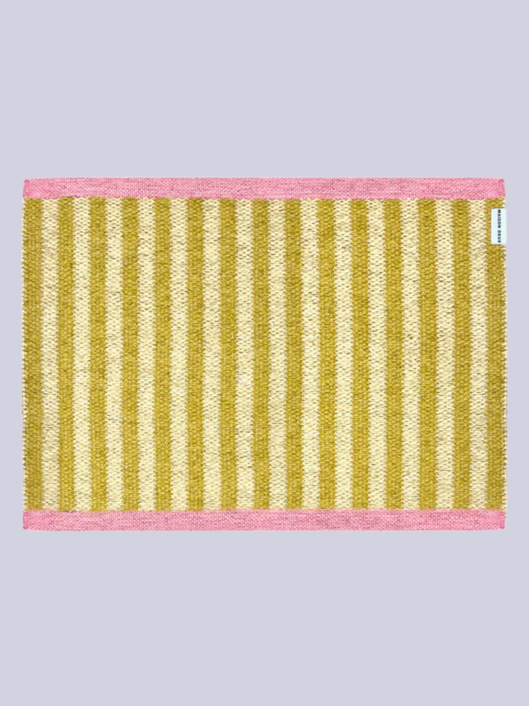 A striped light ochre and yellow door mat with pink edges