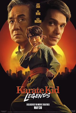 Jackie Chan and Ralph Macchio pictured looking serious while hovering over Ben Wang on the Karate Kid: Legends poster.