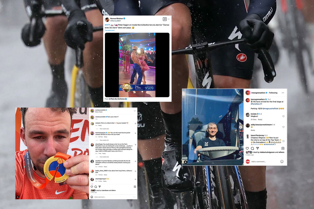 Social media posts overlaid on a photo of riders in the rain