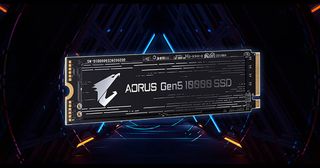 Gigabyte Aorus Gen5 SSD against a stylised triangular background.