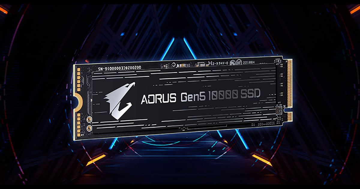 Gigabyte Aorus Gen5 SSD against a stylized triangular background.