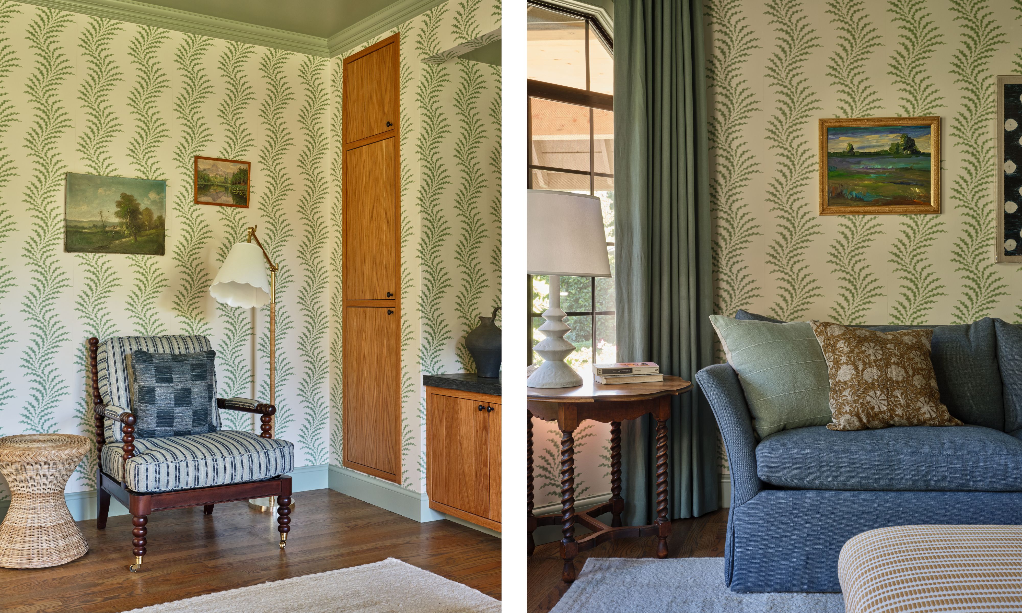 a family room wallpapered in a leafy stripe print with green painted ceiling and blue couch