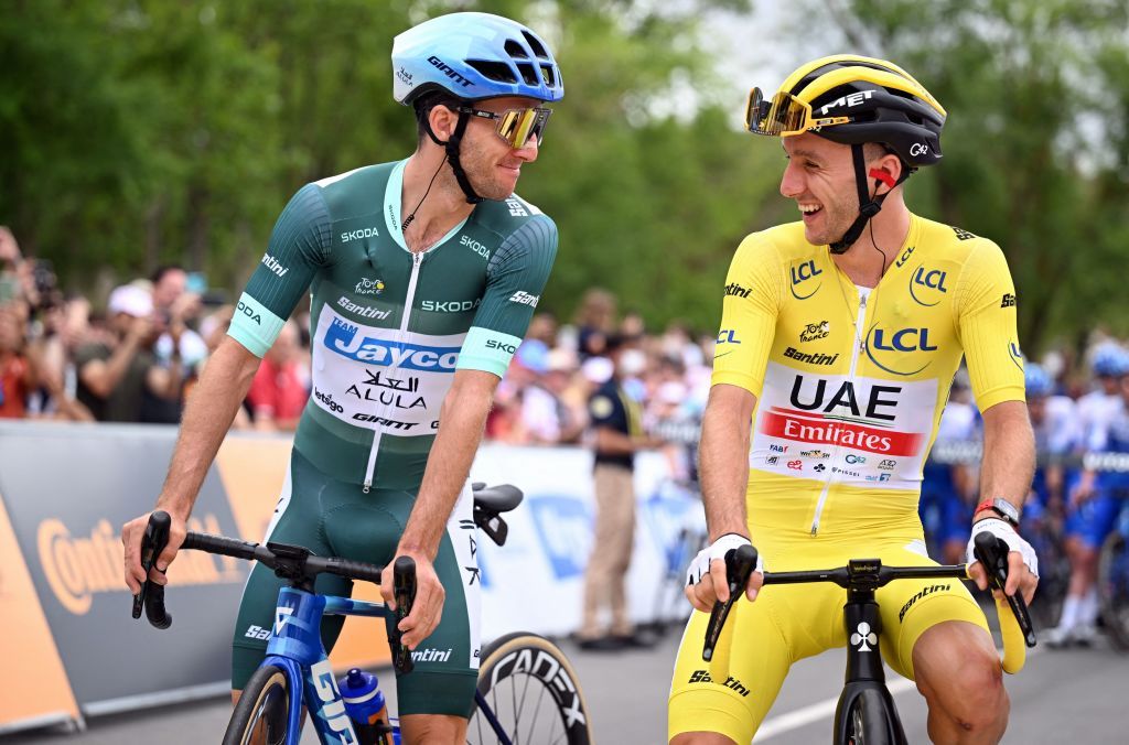 British Simon Yates of Team Jayco Alula and British Adam Yates of UAE Team Emirates pictured at the start of the second stage of the Tour de France cycling race a 2089 km race from VitoriaGasteiz to San Sebastian Spain Sunday 02 July 2023 This years Tour de France takes place from 01 to 23 July 2023 BELGA PHOTO JASPER JACOBS Photo by JASPER JACOBS BELGA MAG Belga via AFP Photo by JASPER JACOBSBELGA MAGAFP via Getty Images