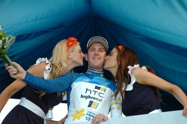 Matt Goss gets the kisses after winning the Cancer Council Classic criterium
