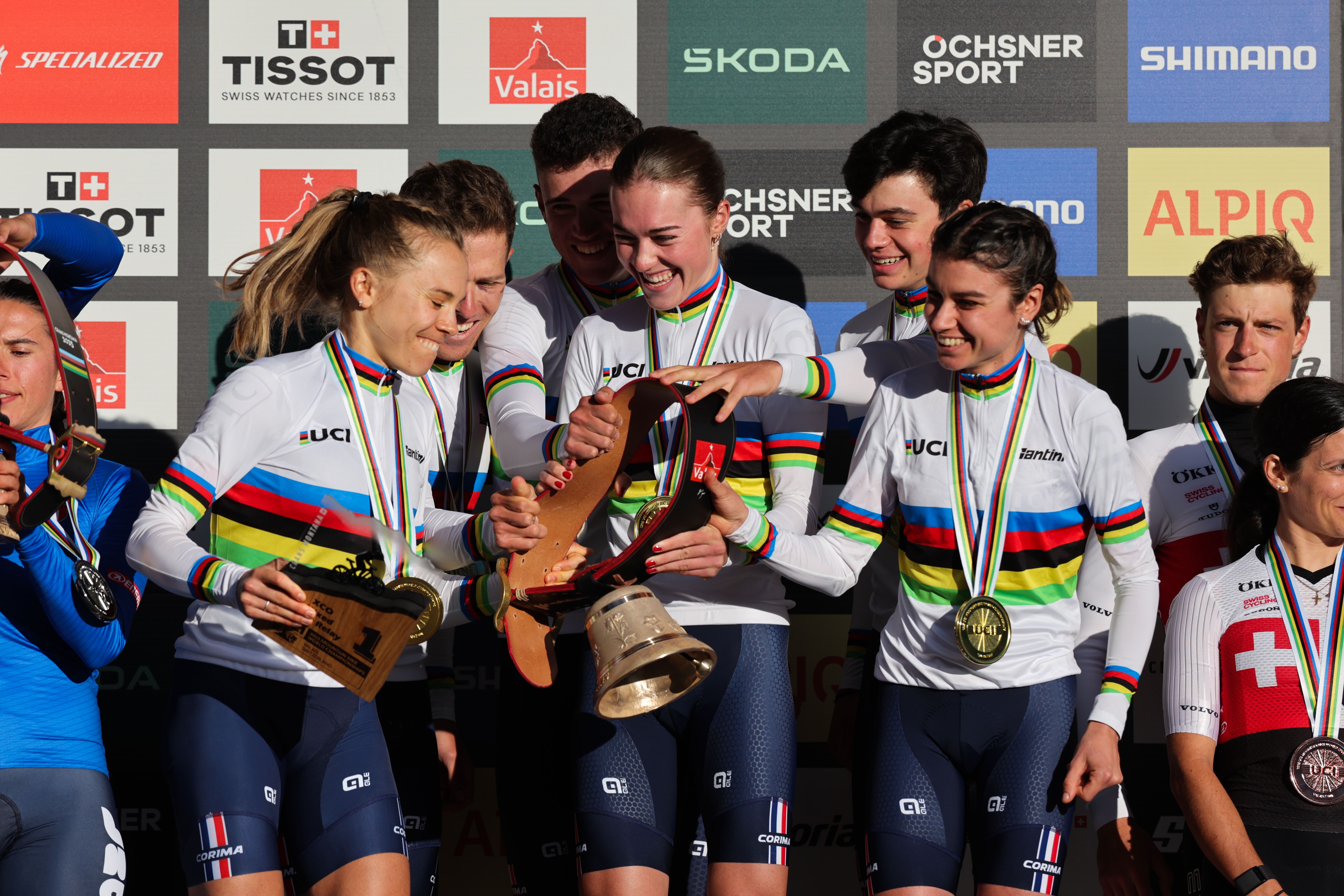 2025 UCI Mountain Bike World Championships - 11 Sep 2025Cycling - 2025 UCI Mountain Bike World Championships - Cross-country Mixed Team Relay - Crans Montana, Valais, Switzerland - Mixed Team Relay Podium - Adrien Boichis, Lucas Teste, Loana Lecomte, Olivia Onesti, Lise Revol, Joshua Dubau (France) receiving the Gold Medal to become World ChampionsBy: Alex Whitehead/SWpix.com/Shutterstock