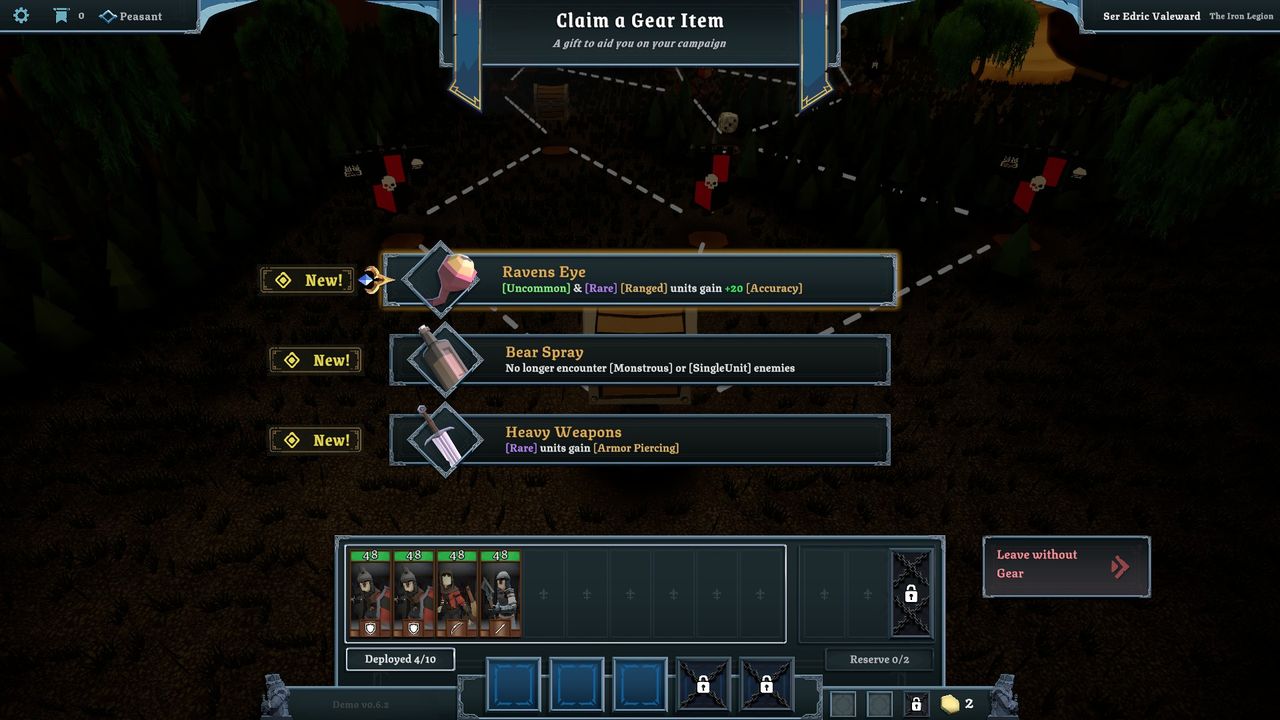 Various screenshots of the Tabletop Tavern demo, displaying mechanics and choices made in the roguelike RTS.