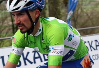 Julian Alaphilippe (Deceuninck-Quick Step) finishes stage 3 at Pais Vasco after crashing near the finish