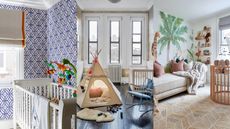 A composite of baby boy nursery ideas, featuring blue patterned wallpaper, a teepee and a mural.