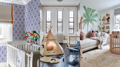 A composite of baby boy nursery ideas, featuring blue patterned wallpaper, a teepee and a mural.