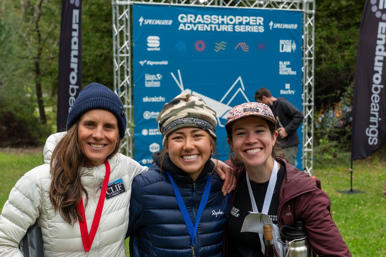 Grasshopper Adventure Series 2025 pro women's podium at Lake Sonoma MTB