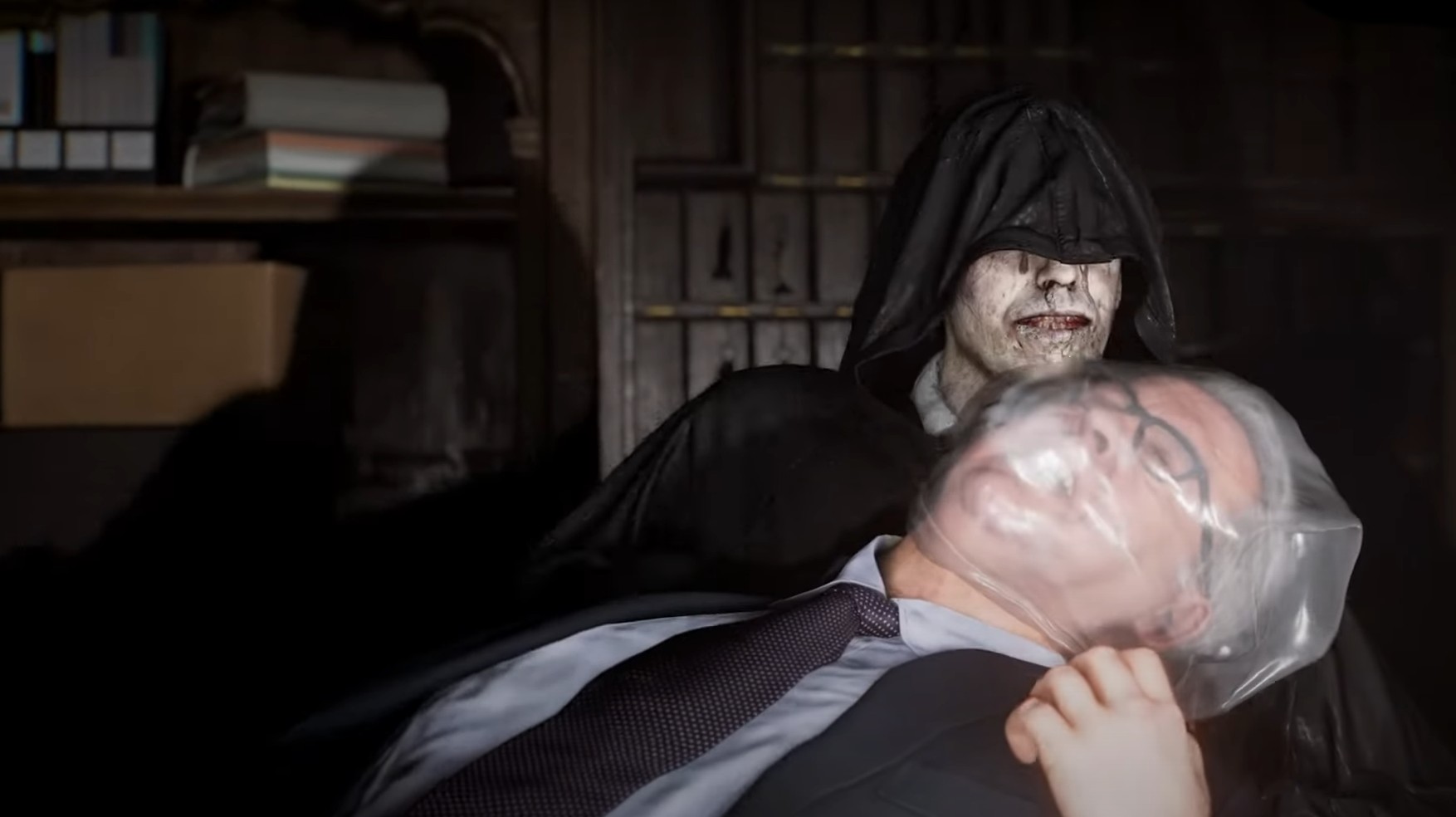 Resident Evil Requiem gameplay showing a hooded man suffocating another man with a plastic bag