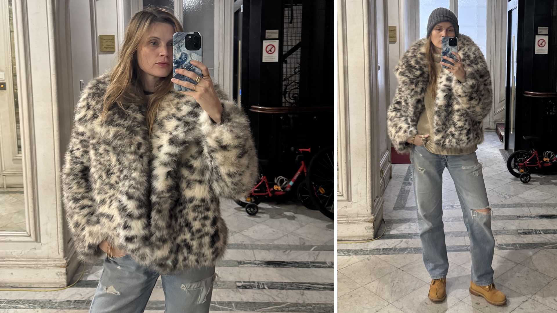 French writer and editor Eugenie Trochu poses for a mirror selfie in a building lobby wearing an animal-print faux-fur print coat, a gray beanie, tan sweater, distressed ripped jeans, and Timberland boots