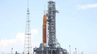 A view of the massive Artemis I Space Launch System rocket and Orion spacecraft at Launch Pad 39B after rolling out from the Vehicle Assembly Building for a second time at the Kennedy Space Center in Florida on June 6, 2022.
