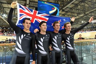 The new Zealand team pursuit quartet celebrate winning the world title for the first time in the countries history. They beat Great Britain in a close final.