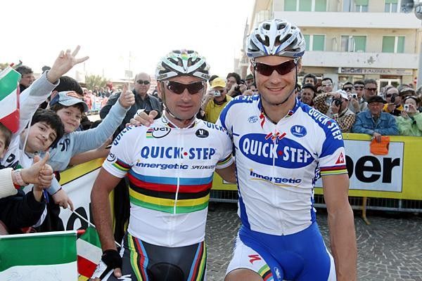 Team-mates Paolo Bettini (Quick Step) and Tom Boonen (Quick Step) (l-r) at the start.