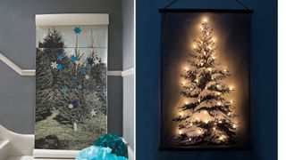 Hallways with Christmas tree wall art beside a Christmas tree alternative wall art panel illuminated by night