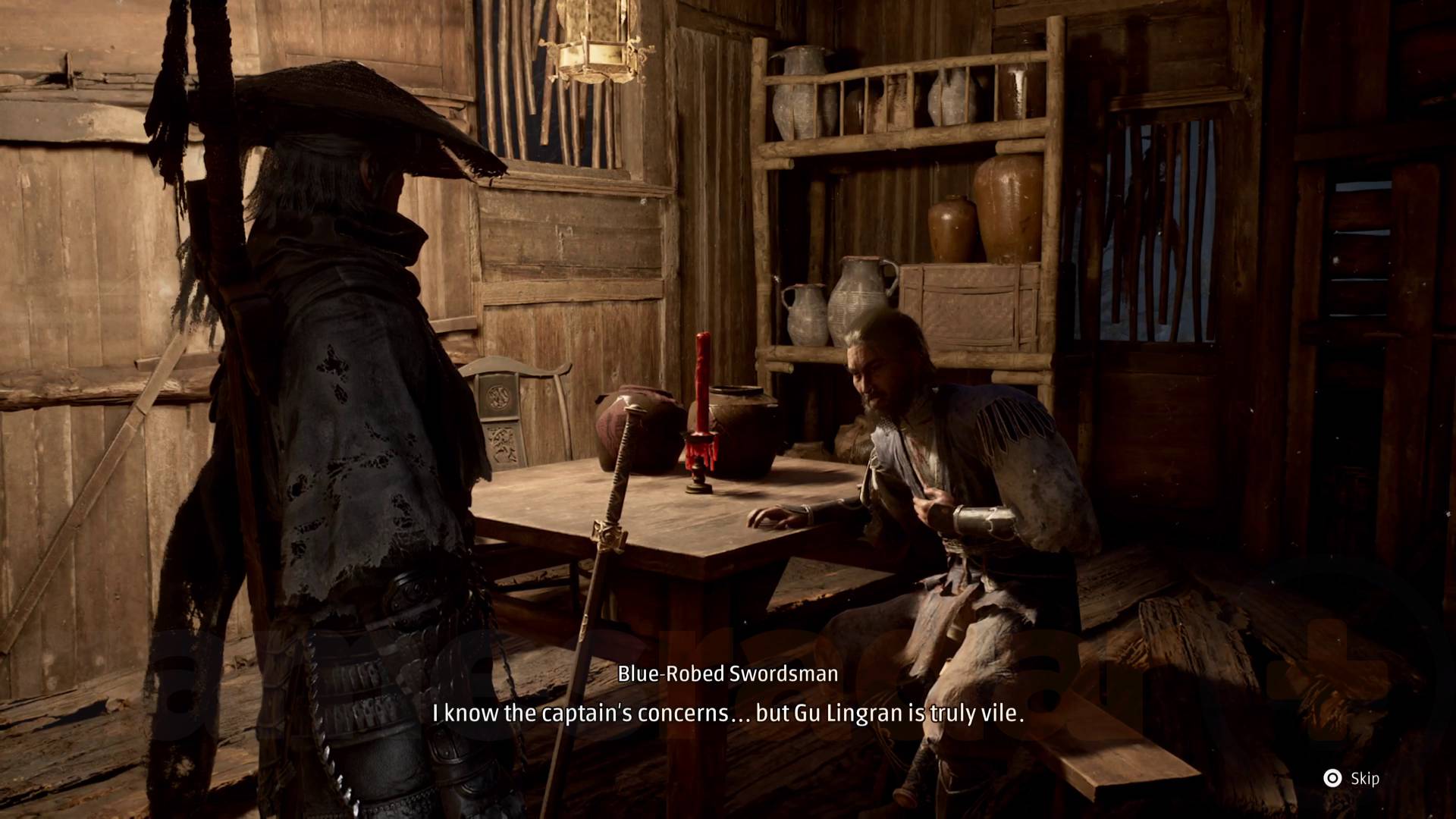 Phantom Blade Zero Festering Secret Soul talking to Blue-Robed Swordsman in sha-chi tower base camp
