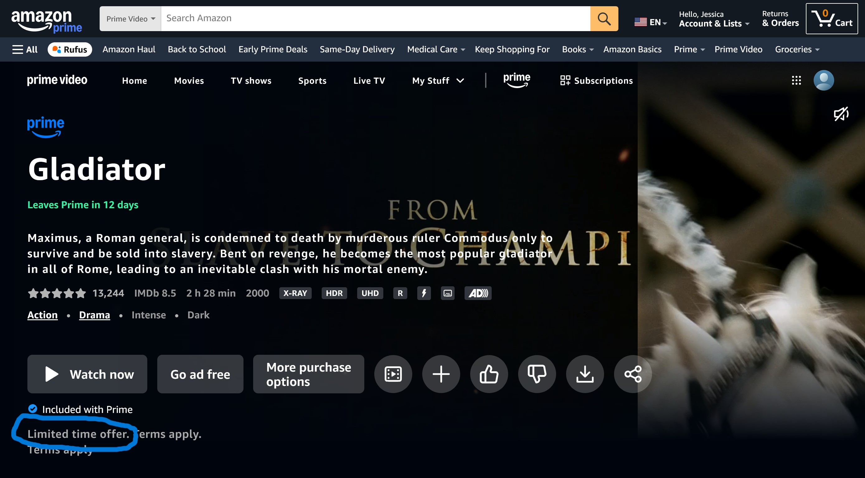 Prime Video Gladiator movie title page with limited time offer text circled