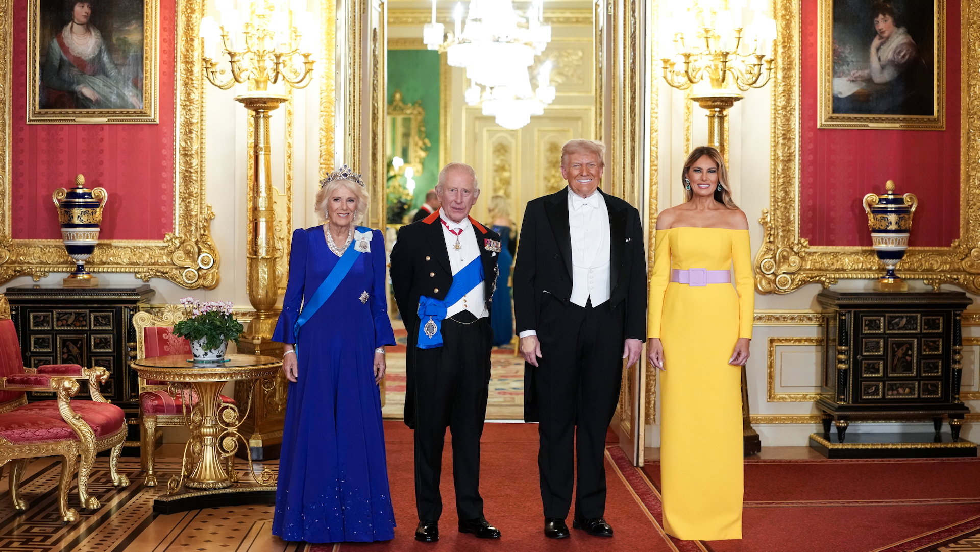 US President Donald Trump, First Lady Melania Trump, King Charles III and Queen Camilla arrive for the State Banquet at Windsor Castle on 17 September 2025