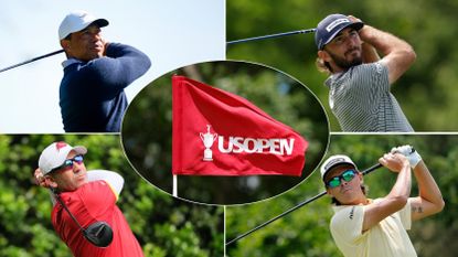 Tiger Woods, Max Homa, Sergio Garcia and Rickie Fowler hitting shots with a US Open flag center