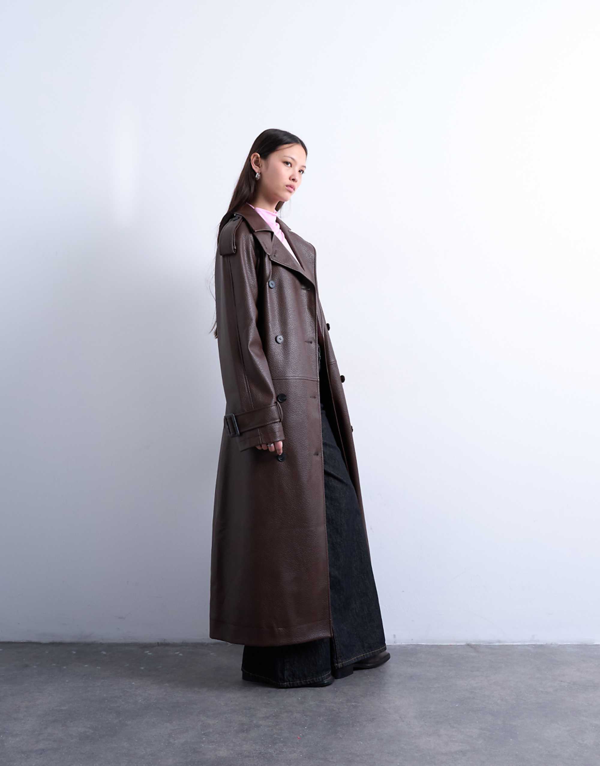 Topshop Bubble Pu Faux Leather Trench Coat in Brown