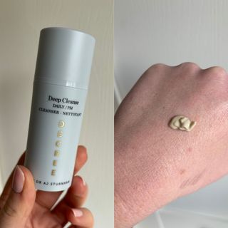Laura holding and swatching Decree Deep Cleanser - best cleansers