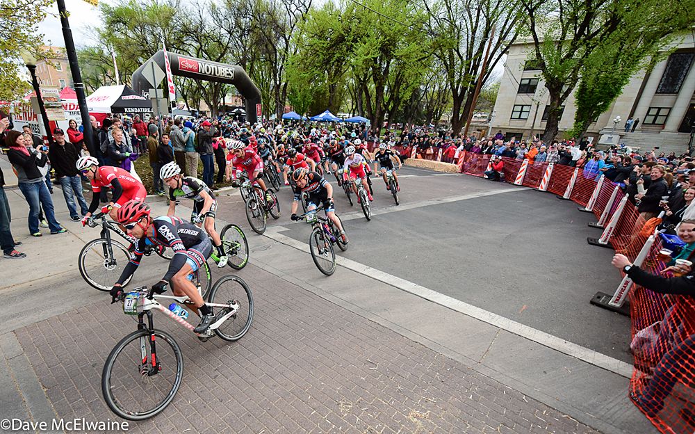 The Pro Men round the first corner of the race