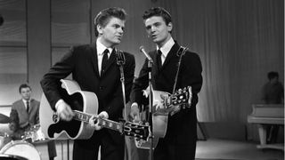 The Everly Brothers, (L-R) Phil Everly and Don Everly, performing on TV show, 1 April 1960