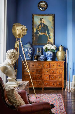 Chapel House Ambrice Miller blue snug room with antiques