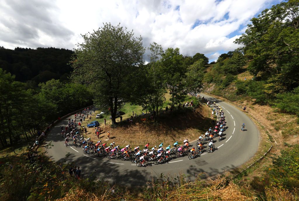 CANTAL FRANCE SEPTEMBER 11 Peloton Col de Ceyssat 1078m Landscape during the 107th Tour de France 2020 Stage 13 a 1915km stage from ChtelGuyon to Pas de PeyrolLe Puy Mary Cantal 1589m TDF2020 LeTour on September 11 2020 in Cantal France Photo by Michael SteeleGetty Images