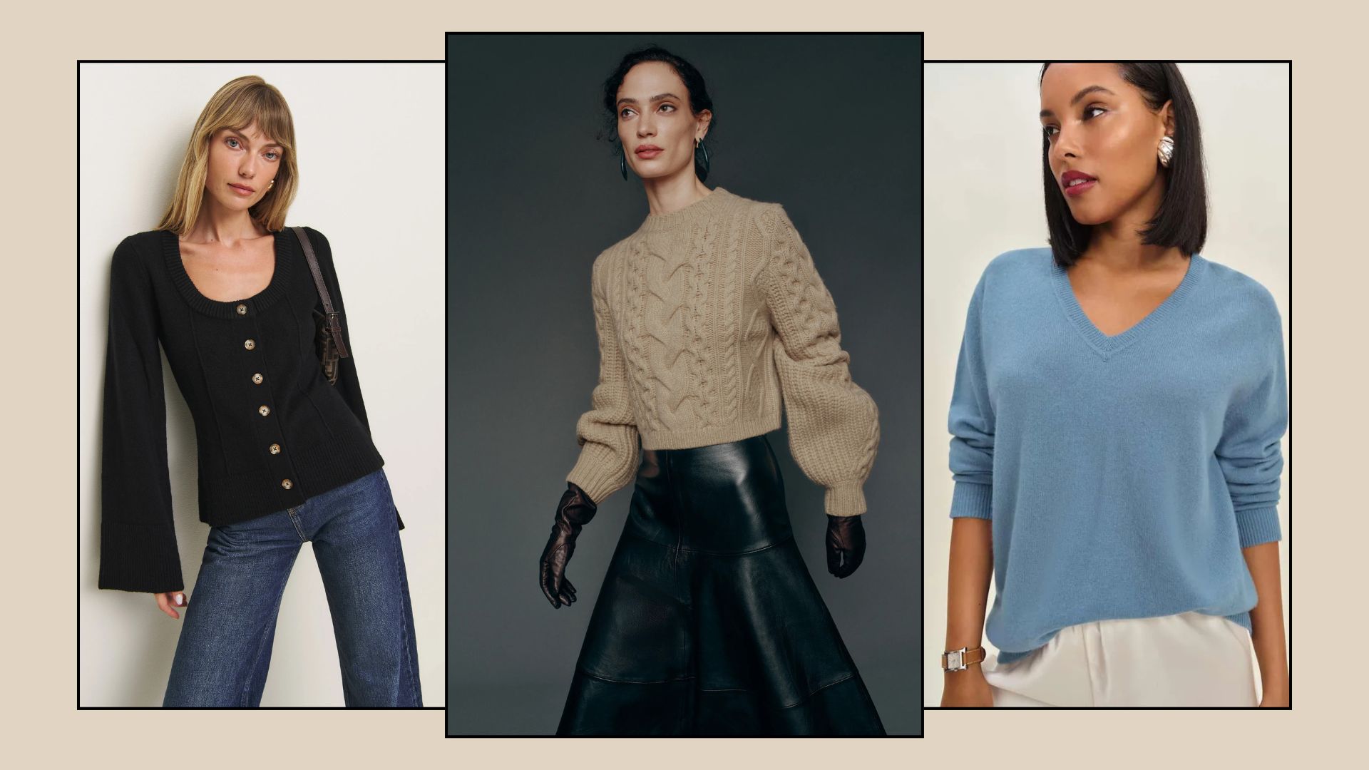 Model wears black scoop neck cardigan, model wears cable knit jumper and leather skirt, model wears blue v-neck cashmere jumper and white silk trousers