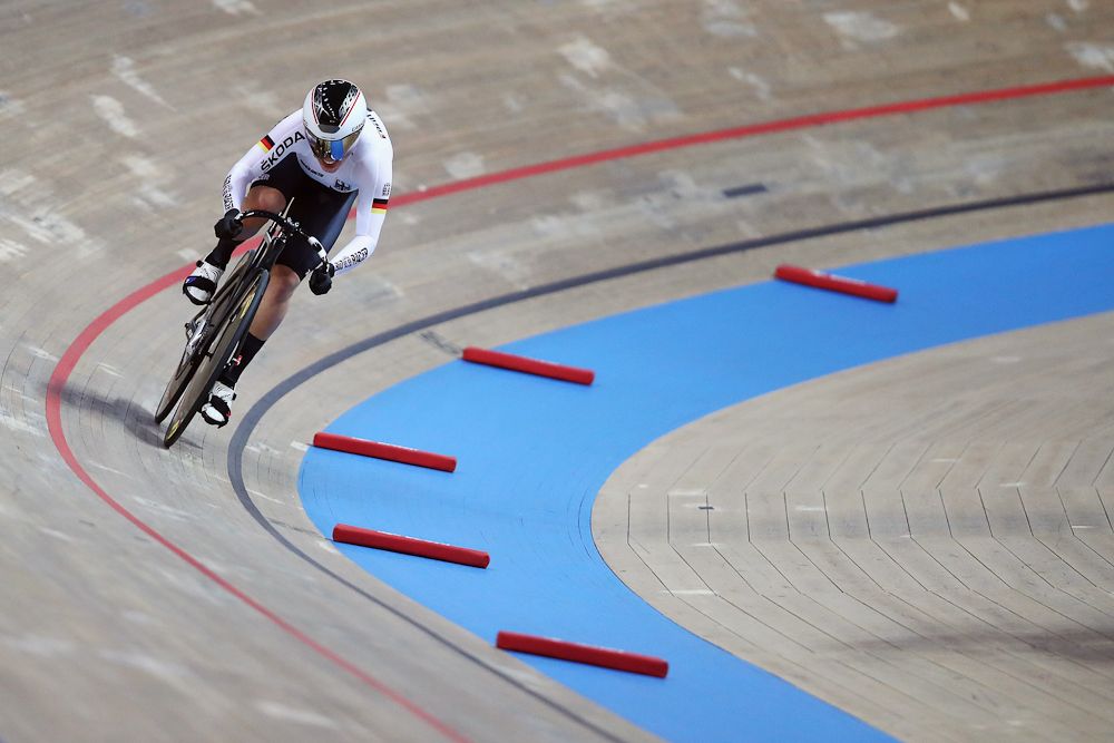 Emma Hinze of Germany competes in the Women's Sprint Qualifying on day two of the UCI Track Cycling World Championships