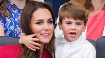 Catherine, Duchess of Cambridge and Prince Louis of Cambridge attend the Platinum Pageant on The Mall on June 5, 2022 in London, England.