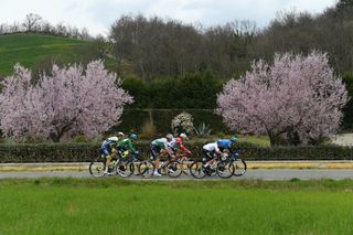 Riders from Androni Giocattoli-Sidermec and Eolo-Kometa Cycling Team in breakaway during Tirreno-Adriatico